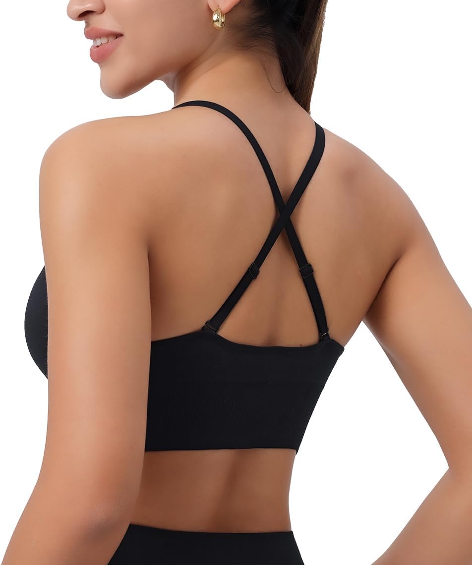 Womens Deep V-Neck Longline Sports Bra, Strappy Criss Cross Padded Cups Adjustable Spaghetti Straps Workout Yoga Crop Top - Image 2