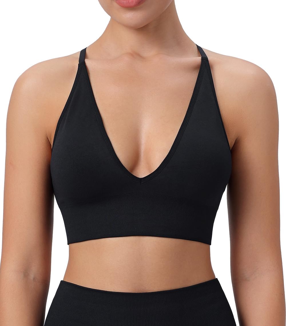 Womens Deep V-Neck Longline Sports Bra, Strappy Criss Cross Padded Cups Adjustable Spaghetti Straps Workout Yoga Crop Top