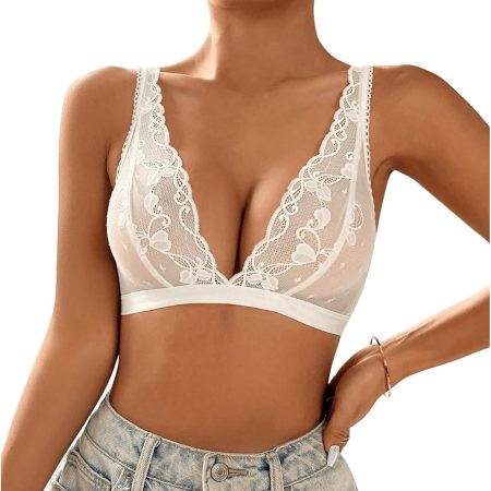 Women's Lace Bras Deep V Neck Wireless Bra Comfort Everyday Bralette