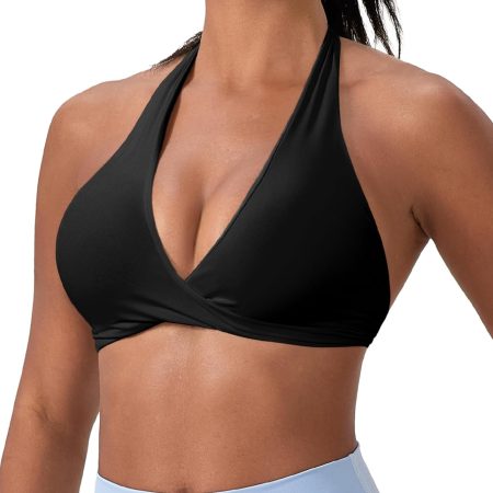 Halter Sports Bras for Women Padded Yoga Bra Low Impact Gym Workout Bra Tops Open Back Front V-Neck Everyday Bra