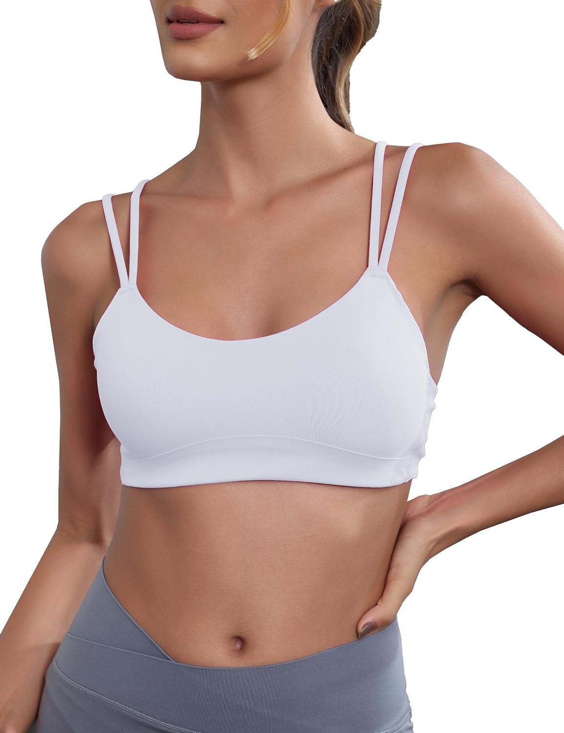 Yoga Sports Workout Bras for Women Seamless Molded Cup Spaghetti Double Strap Bra Wirefree Scoop Neck Tank Top Bras