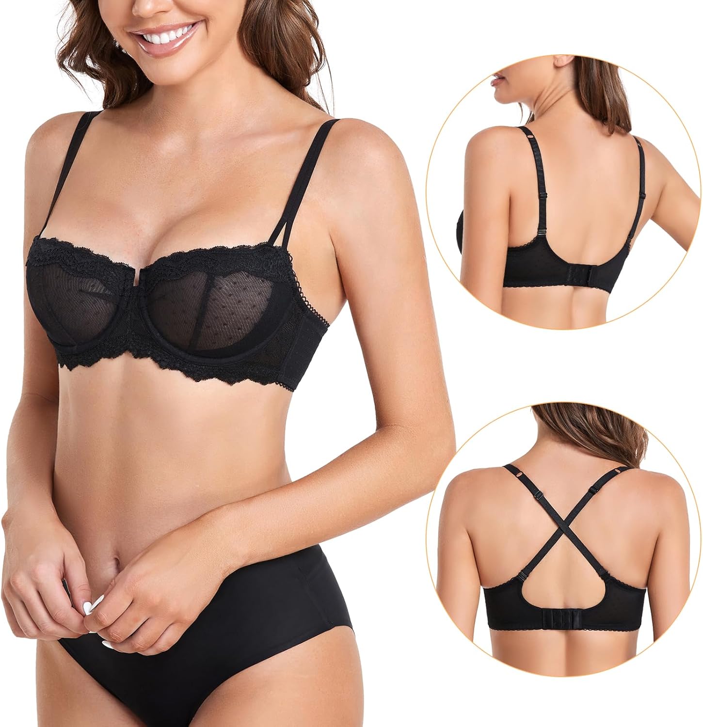 Women's Push Up Unlined Lace Sheer Underwire Multiway Everyday Bra - Image 2