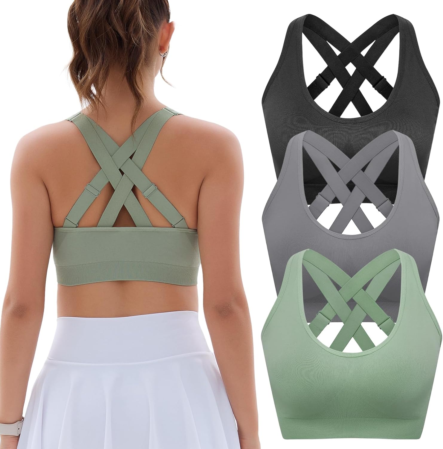 Padded Sports Bras for Women: Support Strappy Adjustable Straps Cross Back Sport Bra Pack for Workout Yoga Running Gym