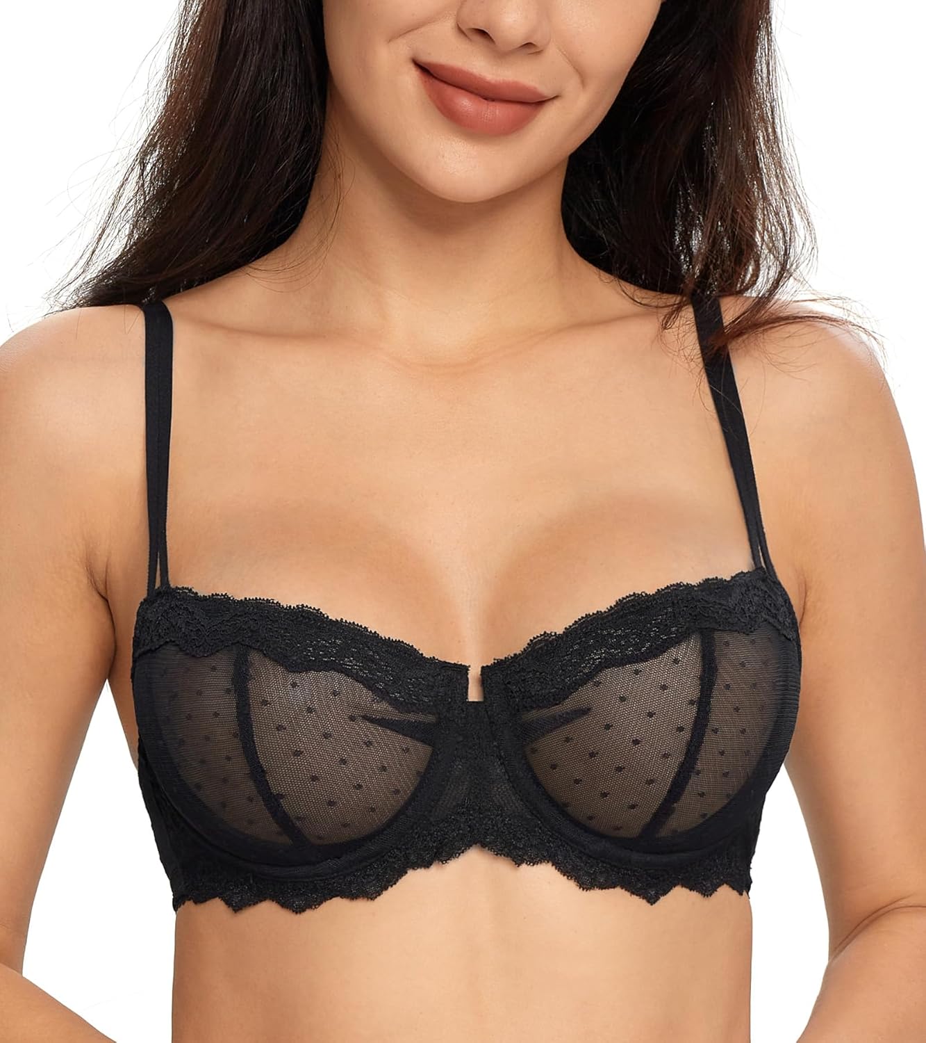 Women's Non-Padded Underwire Lace Balconette Unlined Demi Sheer Bra