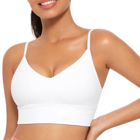 Womens V Neck Longline Sports Bra - Adjustable Padded Yoga Camisole Workout Crop Top