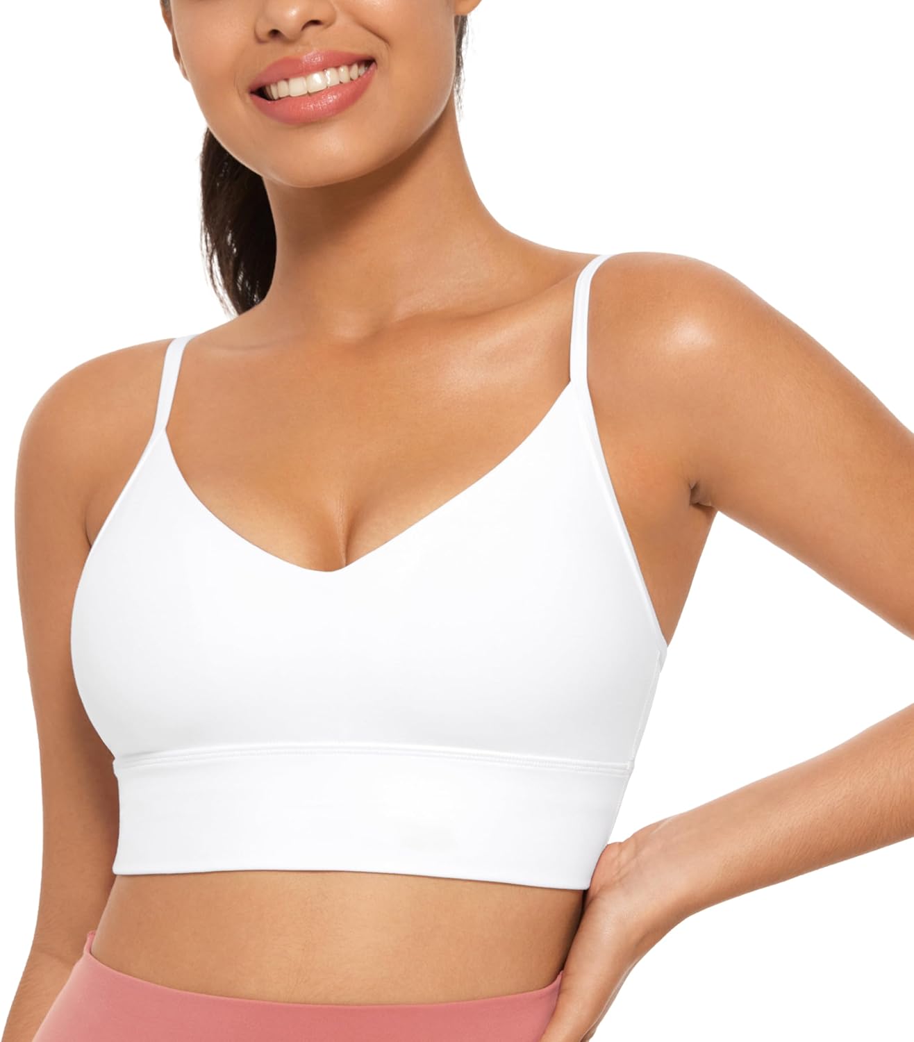 Womens V Neck Longline Sports Bra - Adjustable Padded Yoga Camisole Workout Crop Top