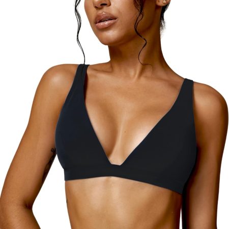 Womens Deep V Neck Sports Bra Padded Low Impact Fitness Yoga Bra U Back Wireless Gym Workout Bra Crop Top