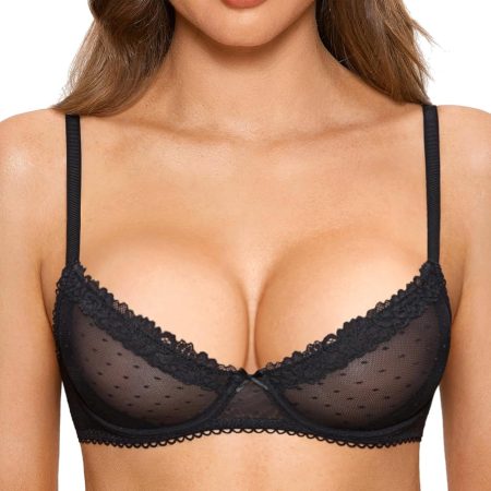 Women's Balconette Lace Bra See Through Demi Sheer Mesh Plus Size Underwire